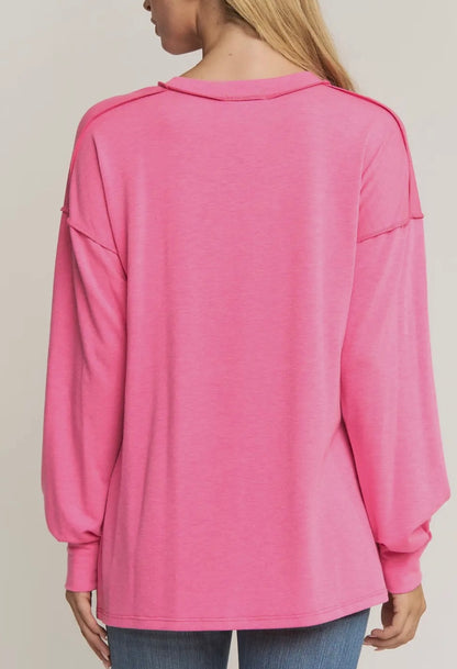 Rhinestone “LOVE” Pullover With Raw Edge Seam-Hot Pink