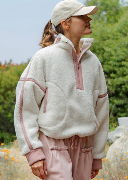 Sherpa Mock Neck Quarter Zip Jacket-Ivory/Dusty Pink