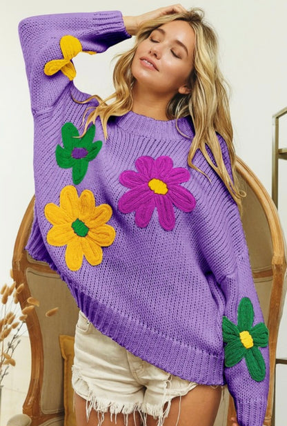 “Mardi Gras Colors” Flowers Embroidered Sweater