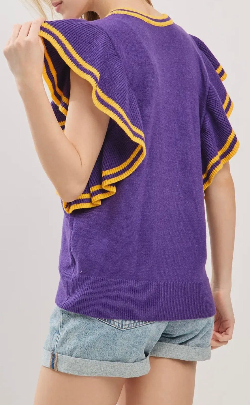Varsity Game Day Ruffle Sleeve Knit Top-Purple