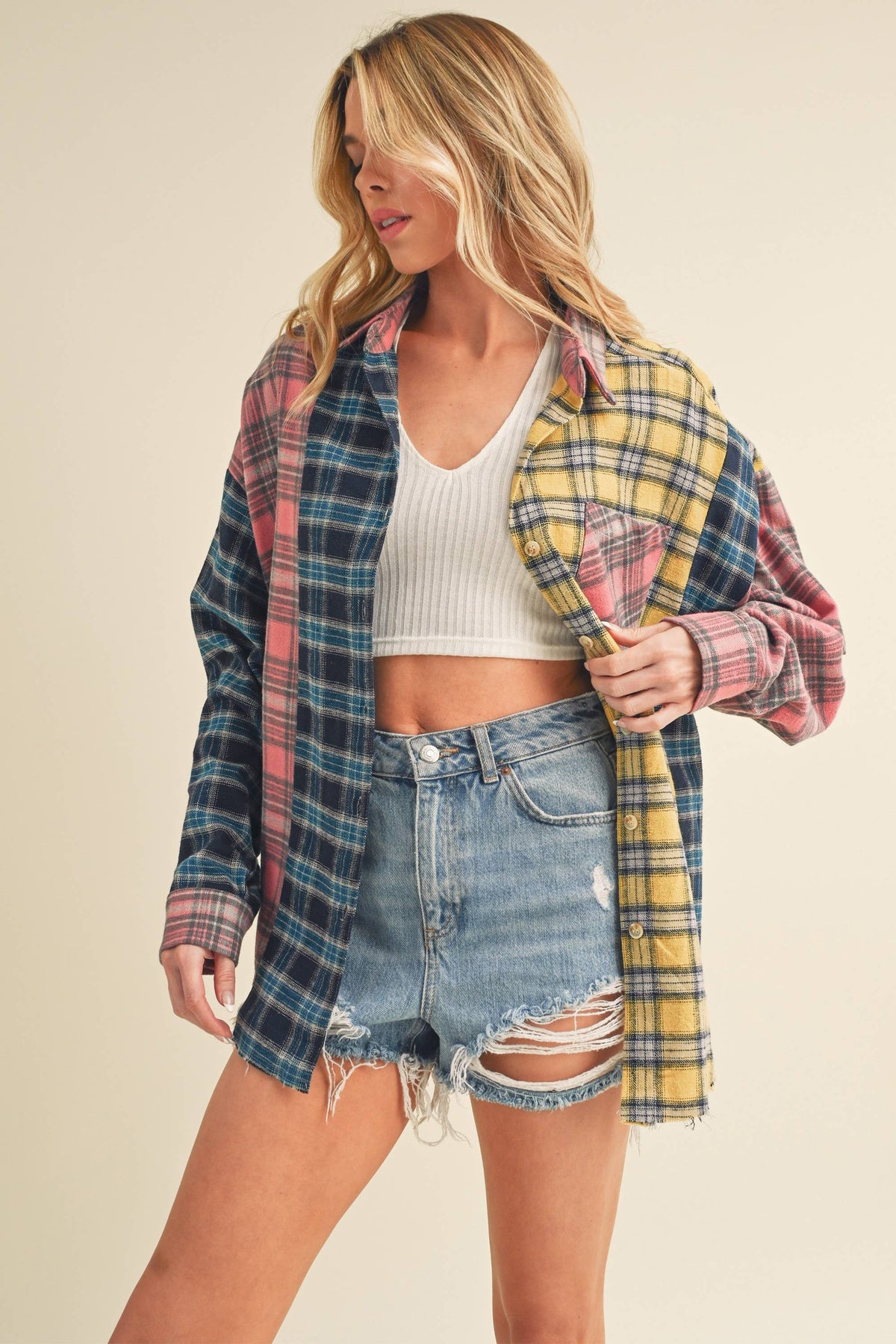 8316DN  Neela Multi Color Plaid Flannel Shirt 1: Blue/Pink/Yellow / Contemporary / L