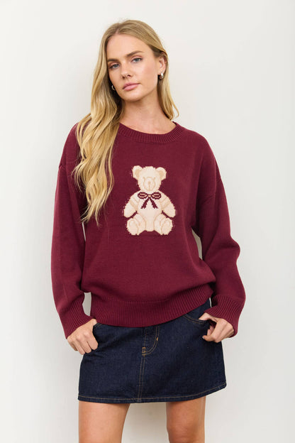 TEDDY JACQUARD CREW NECK KNIT PULLOVER SWEATER: CHARCOAL