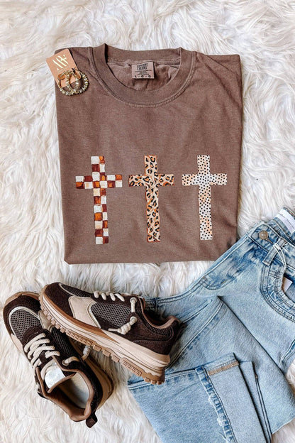 Checkered, Leopard, Dot Crosses Graphic Tee - Espresso: Extra Large