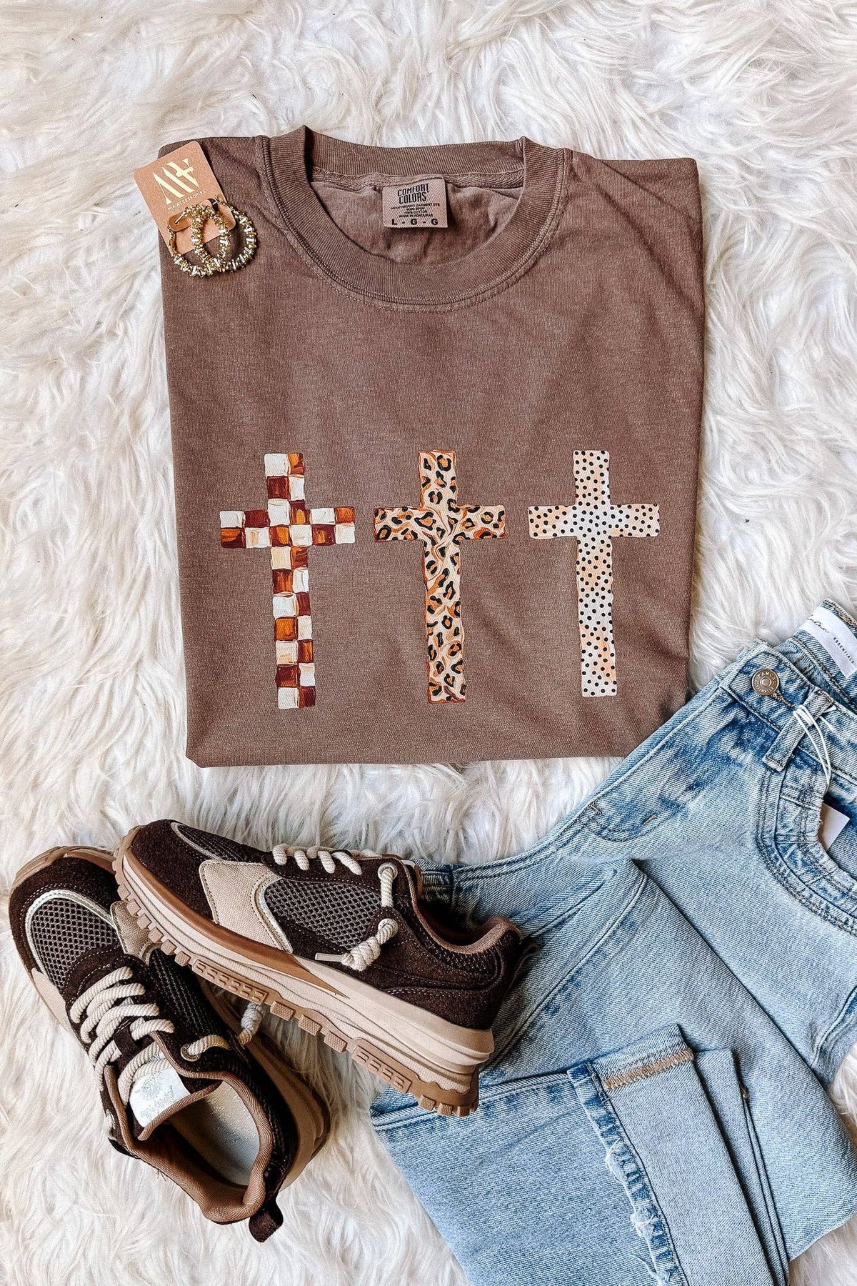 Checkered, Leopard, Dot Crosses Graphic Tee - Espresso: Medium