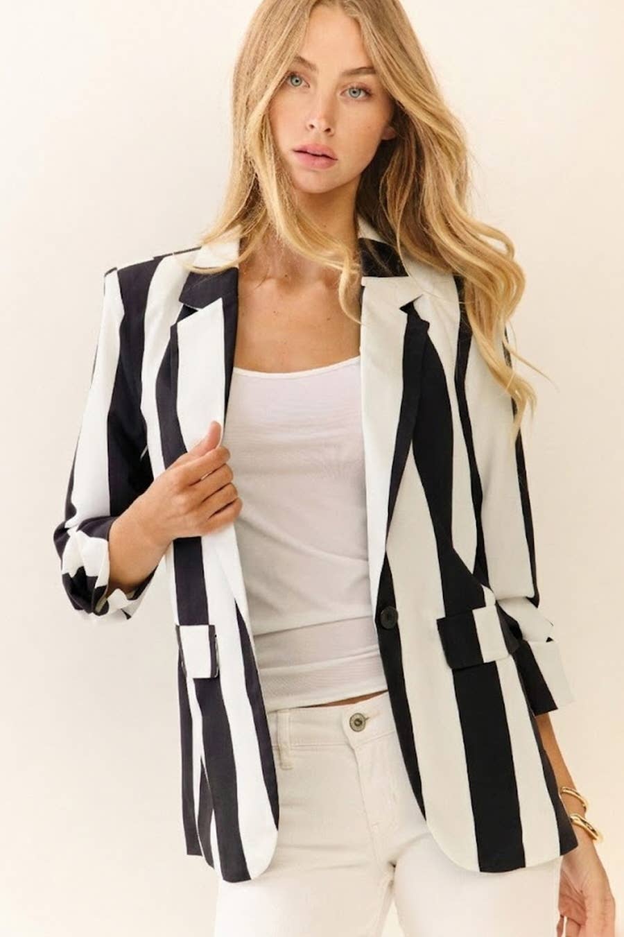 Vertical Stripe Relaxed Blazer: TOMATO WHITE / S