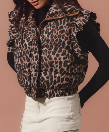 Leopard Print Puffer Vest/Ruffle Sleeves
