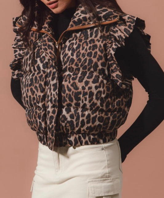 Leopard Print Puffer Vest/Ruffle Sleeves