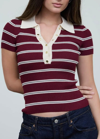 Multi Striped Ribbed SS Polo Top