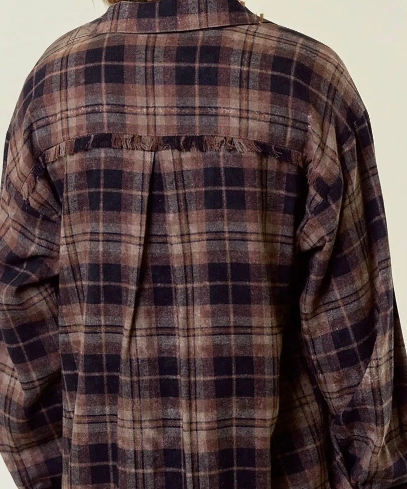 Plaid Flannel Shirt With Frayed Detail-Brown/Black