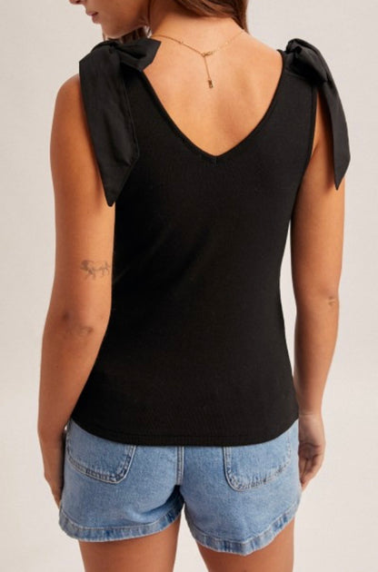 Bow Tie V-Neck Ribbed Tank-Black