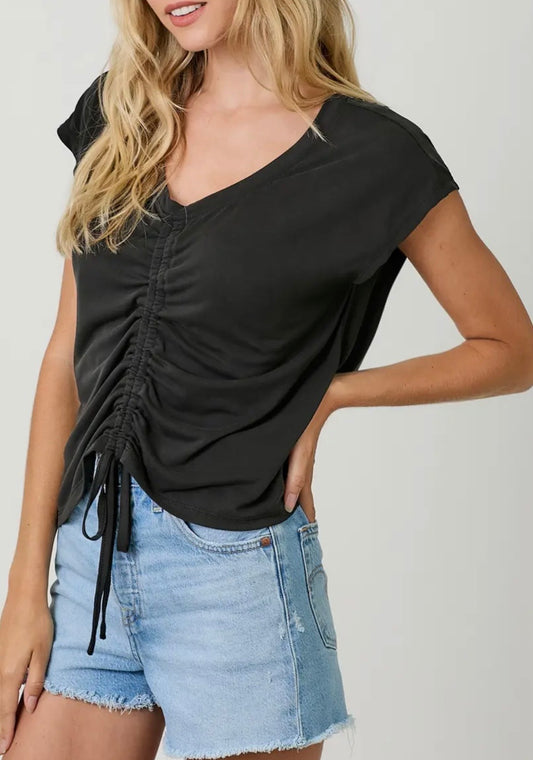 Front Ruche Drawstring Modal Top-Black