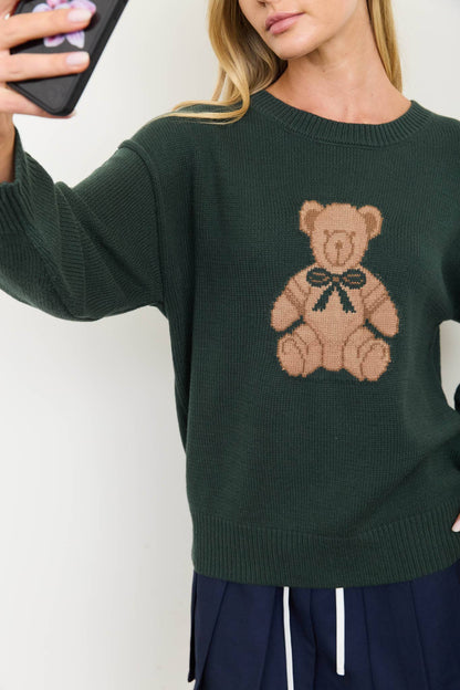 TEDDY JACQUARD CREW NECK KNIT PULLOVER SWEATER: CHARCOAL
