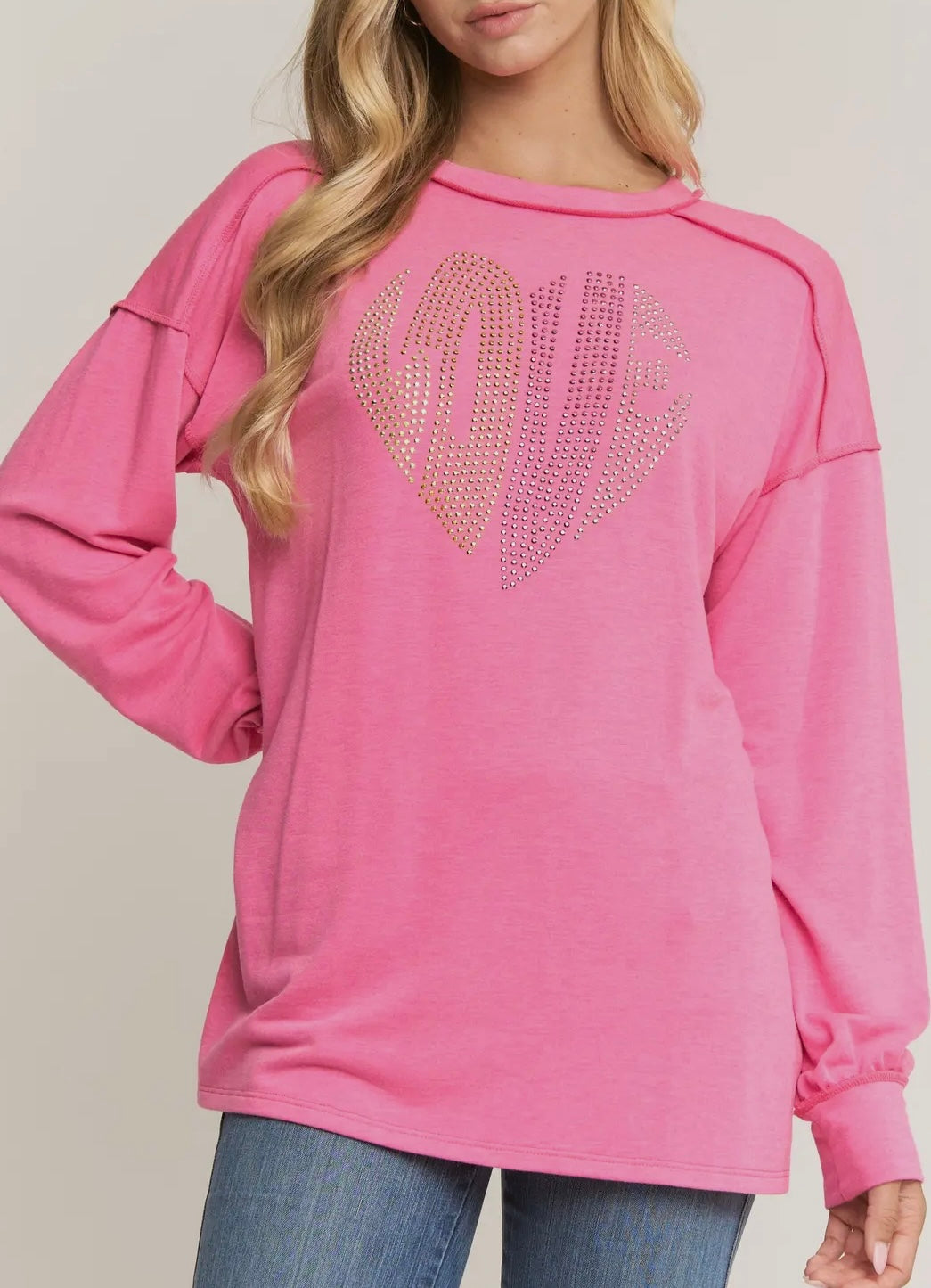 Rhinestone “LOVE” Pullover With Raw Edge Seam-Hot Pink