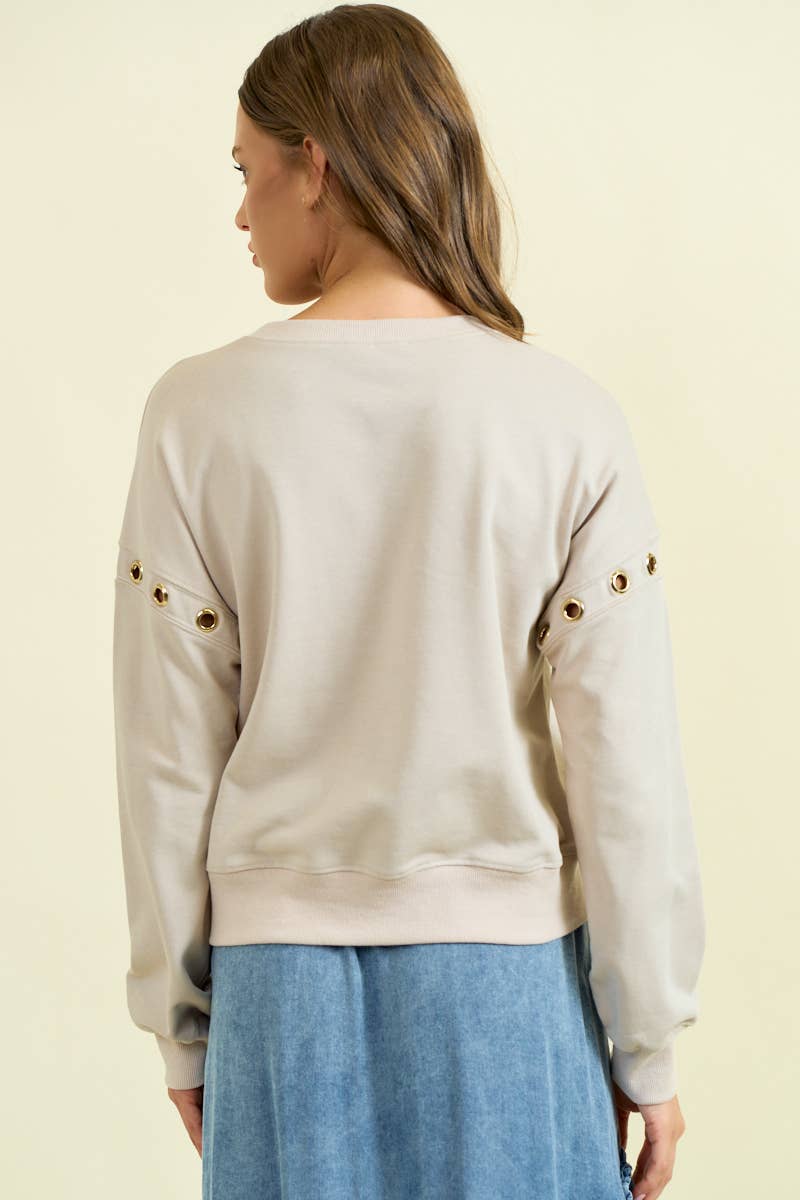 GROMMET DETAIL DROP SHOULDER SWEATSHIRT - 45312T: Black / S