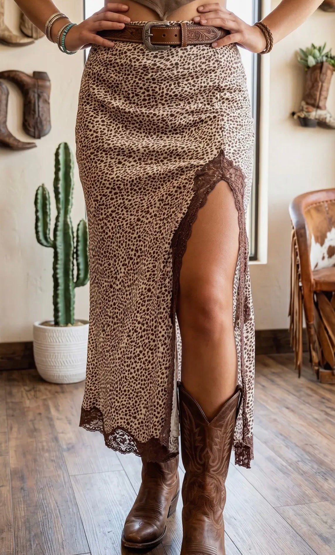 Cheetah Ruched High Waist Slit Skirt W/Lace Trim