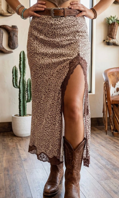 Cheetah Ruched High Waist Slit Skirt W/Lace Trim
