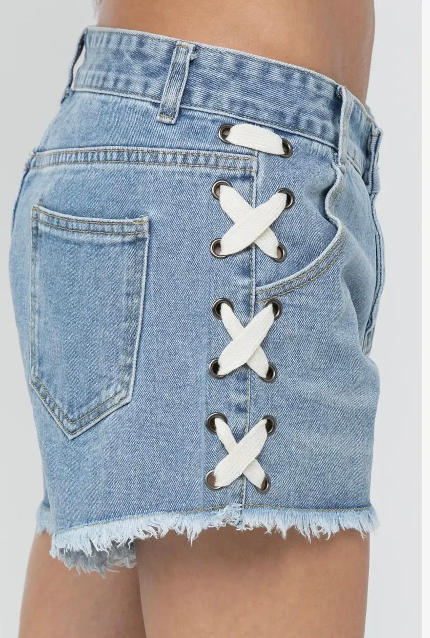 Side Lace Raw Hem Denim Shorts