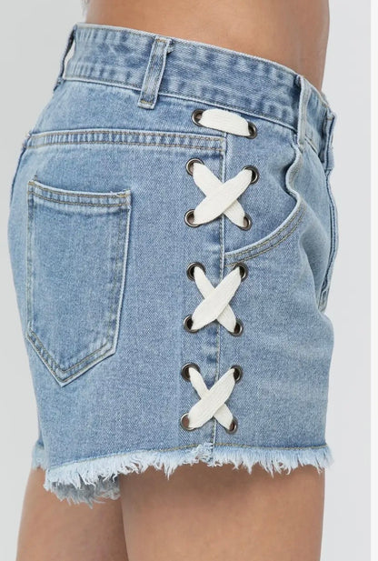 Side Lace Raw Hem Denim Shorts