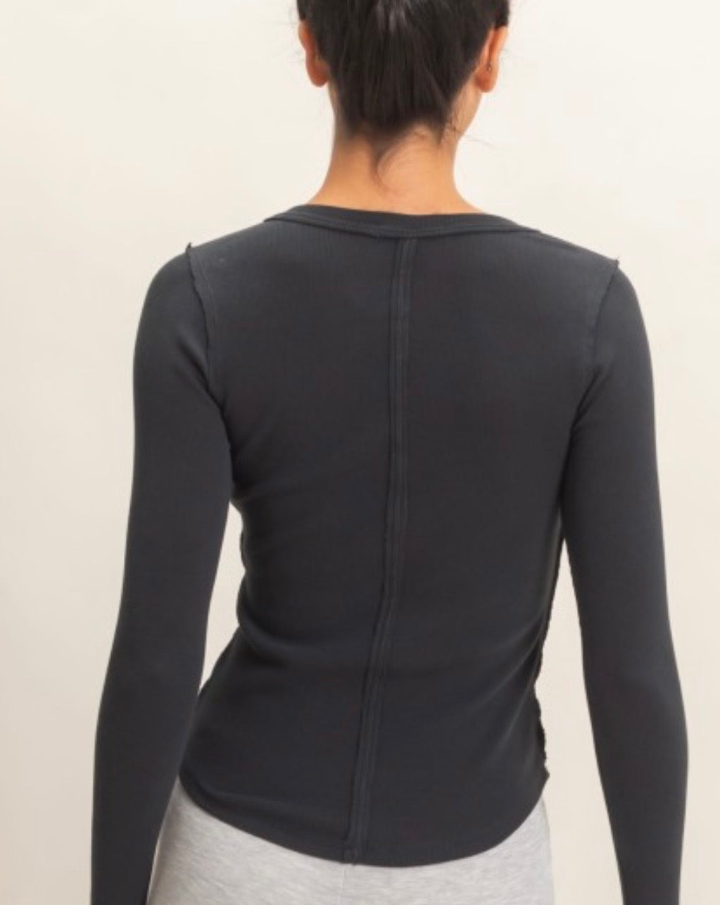 Black Long Sleeve Henley Top-Pigment Dye