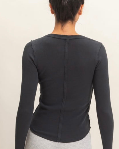 Black Long Sleeve Henley Top-Pigment Dye
