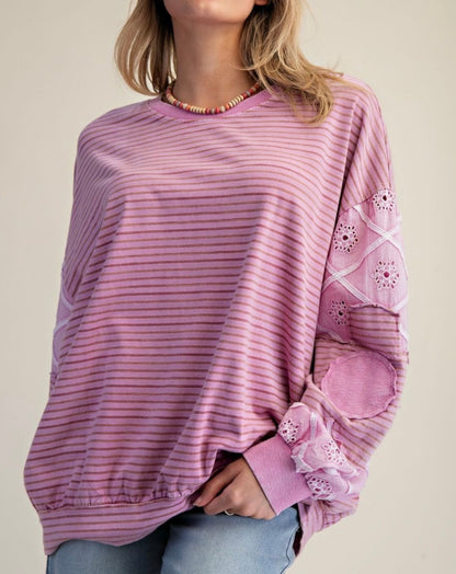 Orchid Stripe Top With Sleeve Detail