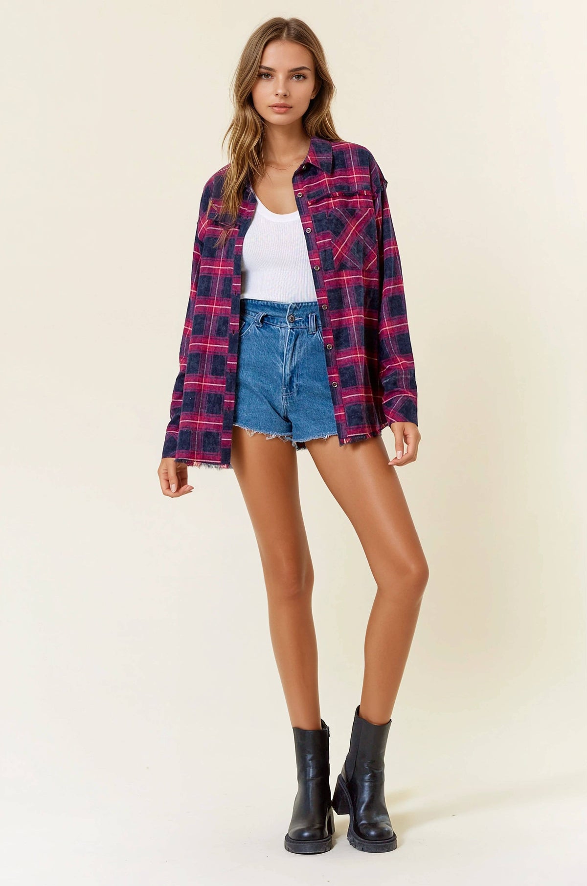 Plaid Flannel Shirt W/ Frayed Detail - 44703T: BLACK/BROWN / S