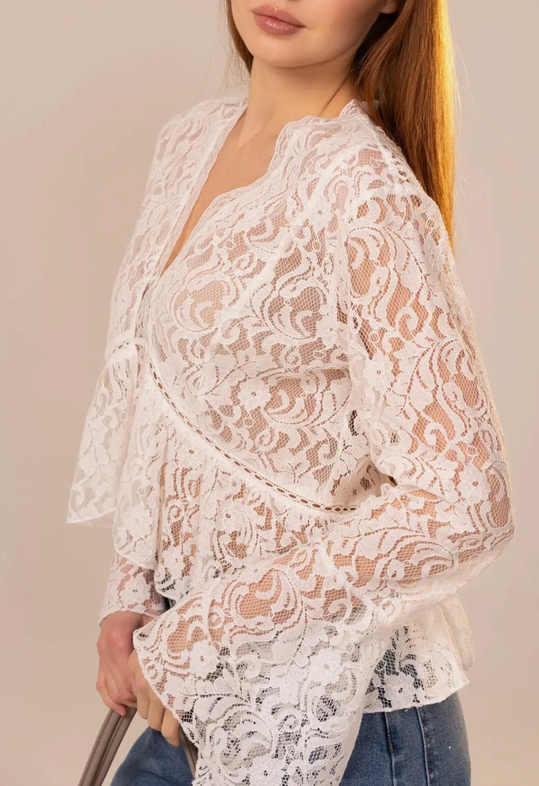 Off White Lace V-Neck Peplum Top