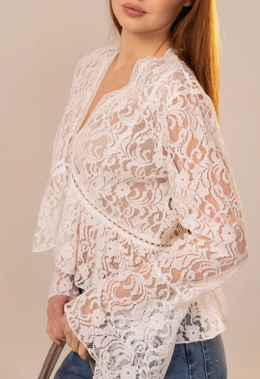 Off White Lace V-Neck Peplum Top
