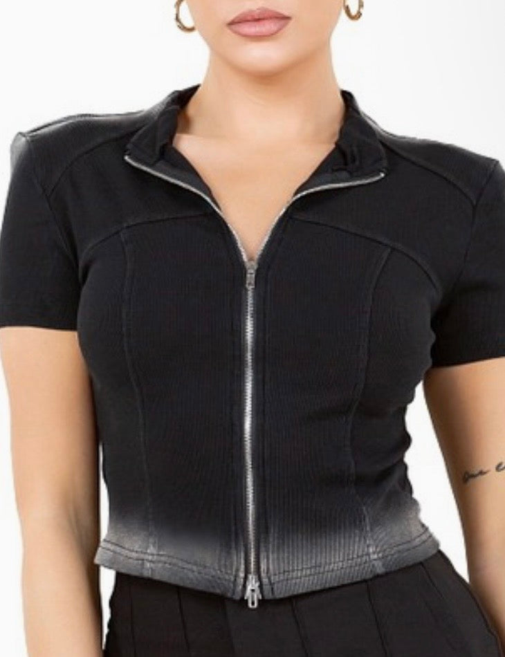 Stretchy O/S Black Drip Dyed Zipper Top