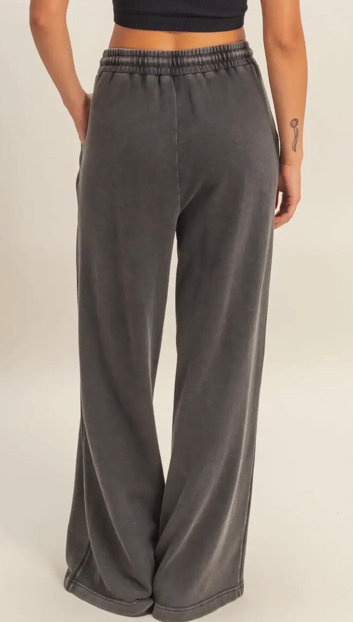 Black Acid Wash French Terry Wide Leg Pants