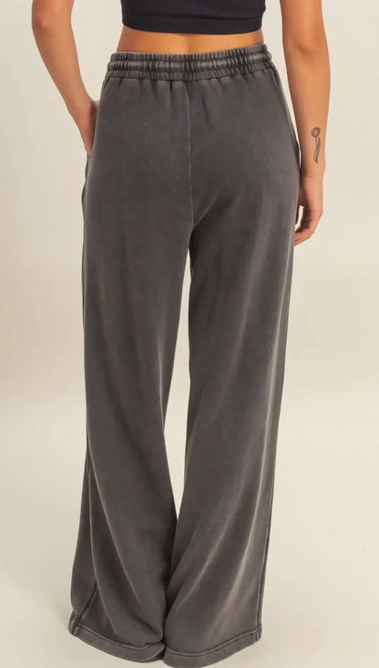Black Acid Wash French Terry Wide Leg Pants