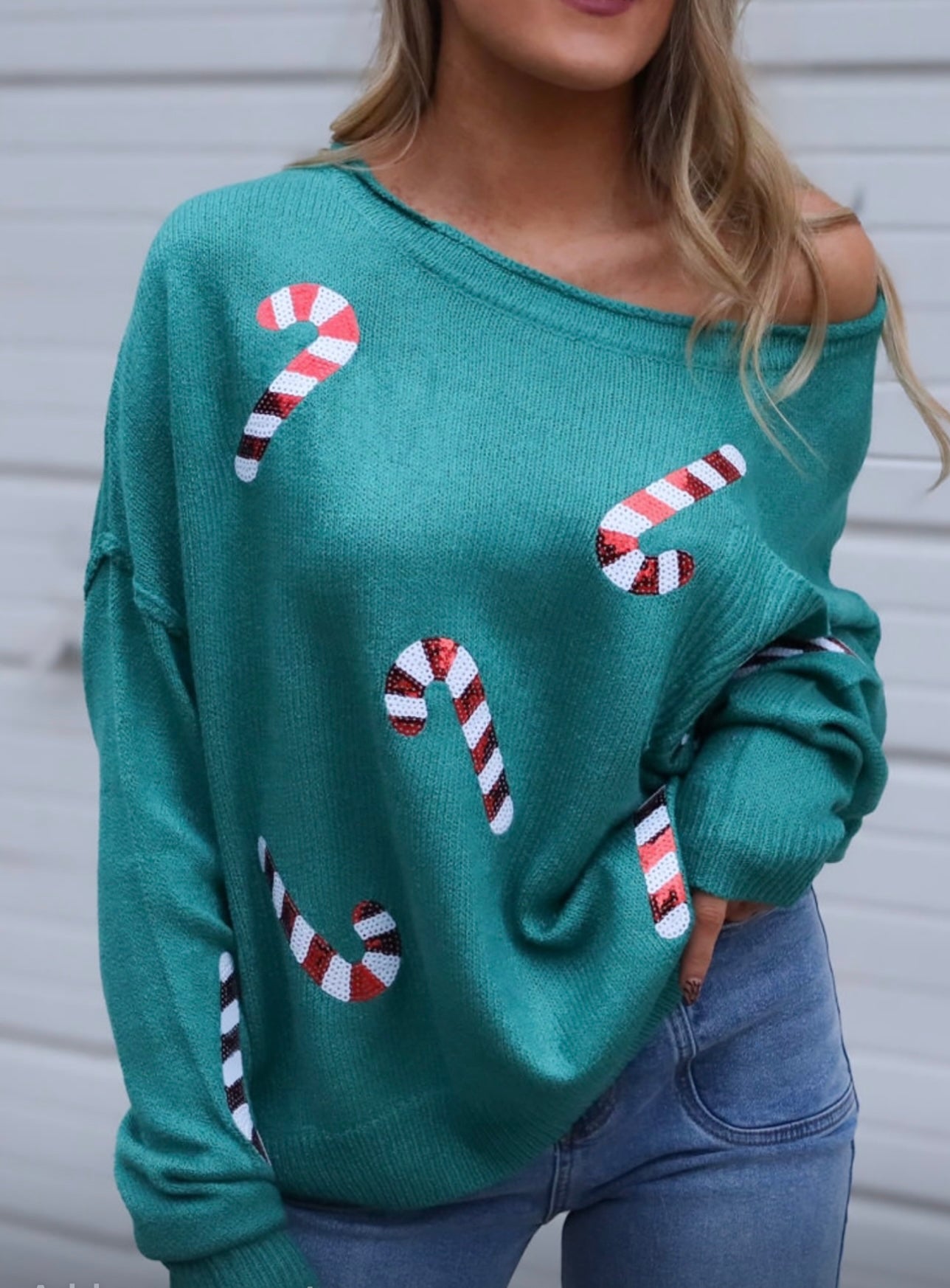 Green Sequined Candy Cane Sweater