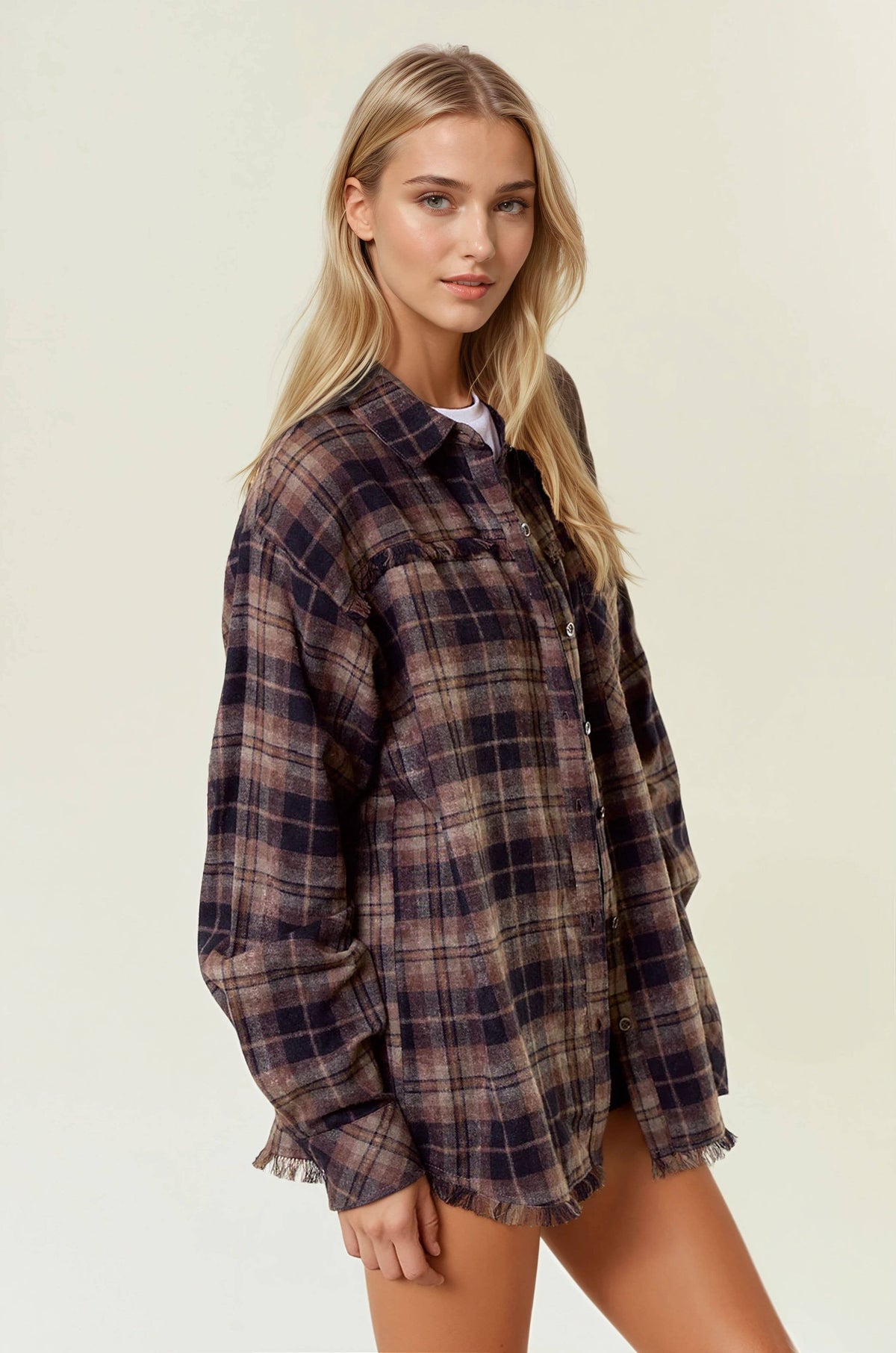 Plaid Flannel Shirt W/ Frayed Detail - 44703T: BLACK/BROWN / L