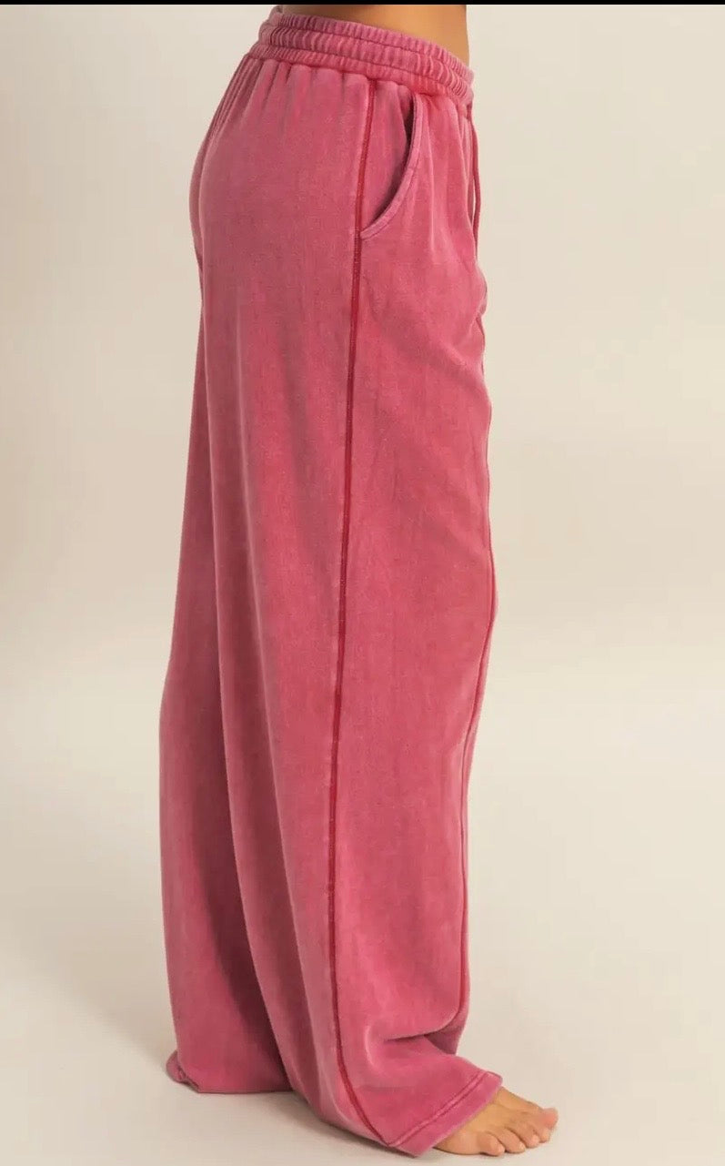 Dark Red Acid Wash French Terry Wide Leg Pants