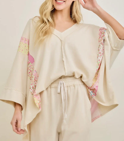 Mineral Washed “Spring Picnic” Print V-Neck Poncho