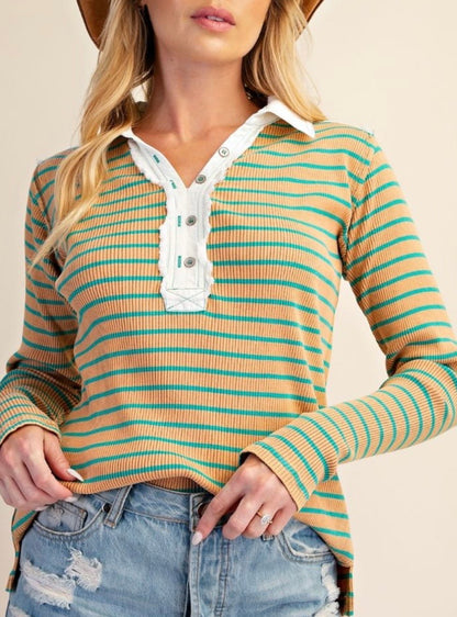 Washed Stripe Henley-Camel
