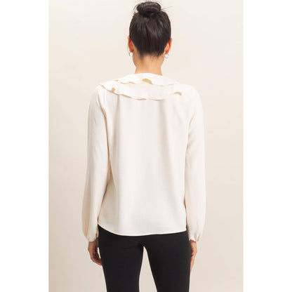 Ruffled V-Neck Button-Up Blouse: ALPACA / S-M-L(2-2-2)