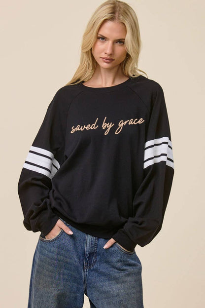 PUFF' Saved By Grace Graphic Oversized Lightweight Sweatshir: BLACK / L