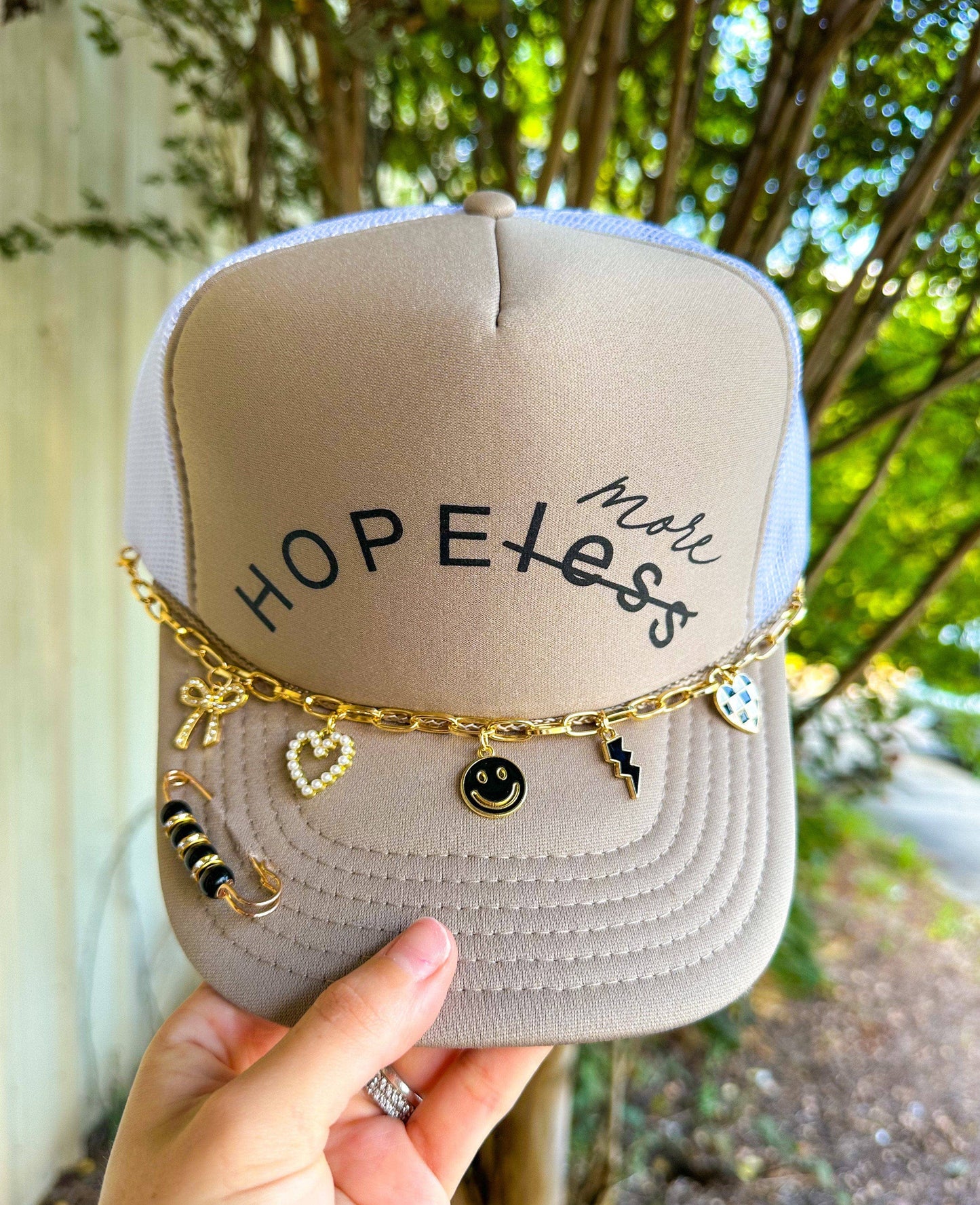 Hope More Khaki/White Trucker Hat: WITH CHAIN/PIN