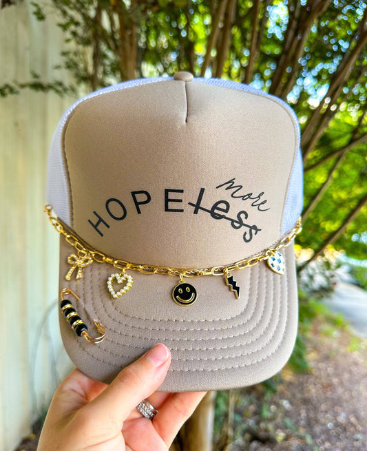 Hope More Khaki/White Trucker Hat: WITH CHAIN/PIN