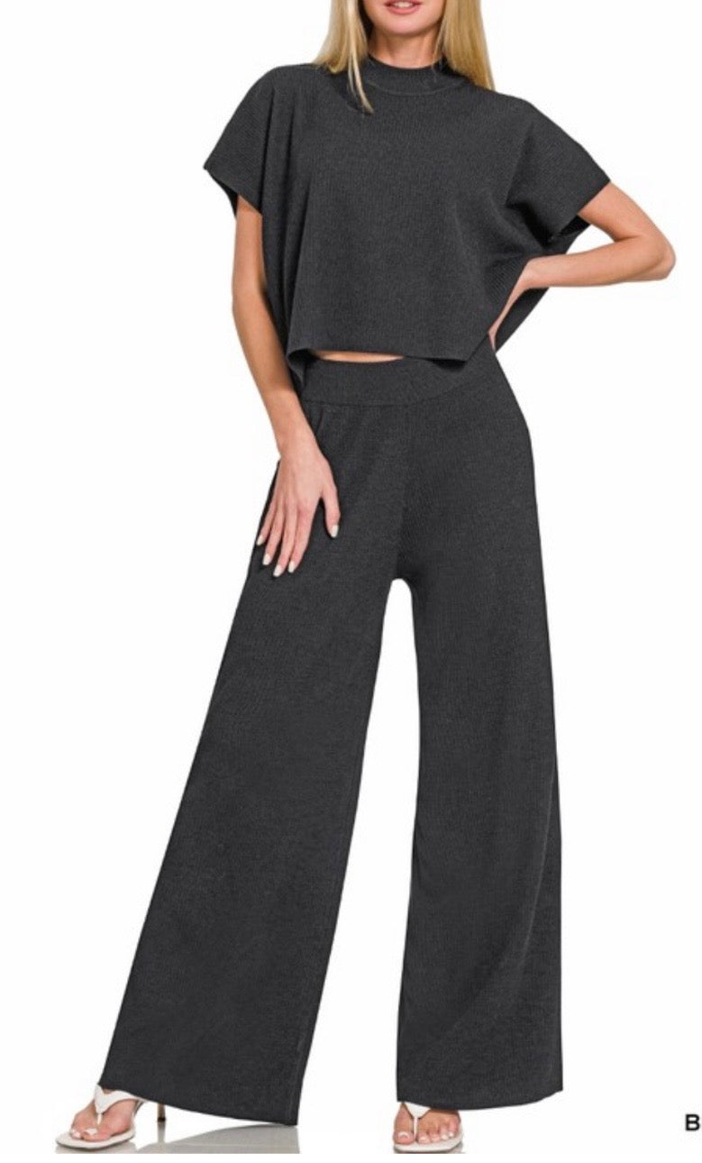 Black Viscose Ribbed Pants