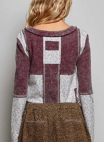 Waffle Knit Contrast Patchwork Top