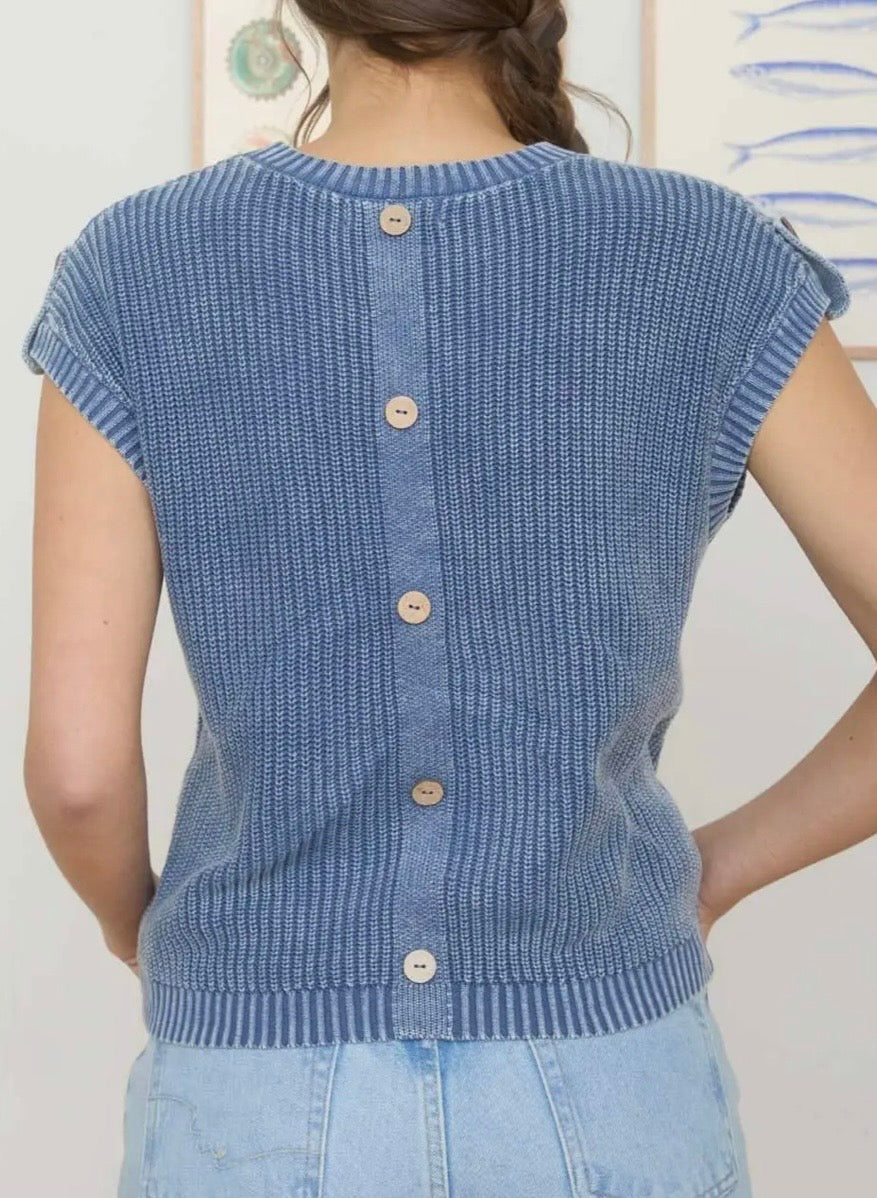 Acid Washed Back Button Knit Sweater-Indigo