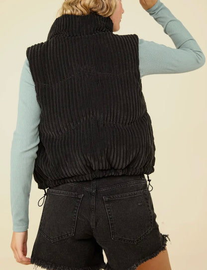 Corduroy Puffer Vest-Black