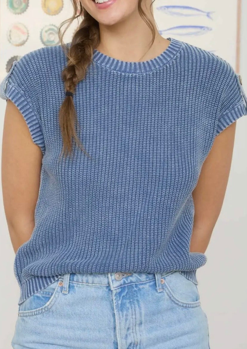 Acid Washed Back Button Knit Sweater-Indigo