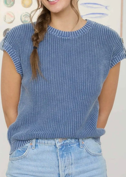 Acid Washed Back Button Knit Sweater-Indigo