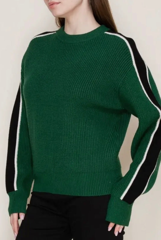 Hunter Green Knit Sweater With Stripe Sleeve Detail