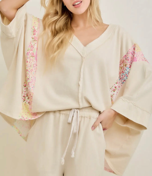 Mineral Washed “Spring Picnic” Print V-Neck Poncho