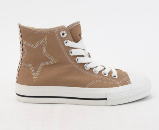 Mocha Star Embroidered High Top Sneaker-Leopard Accent
