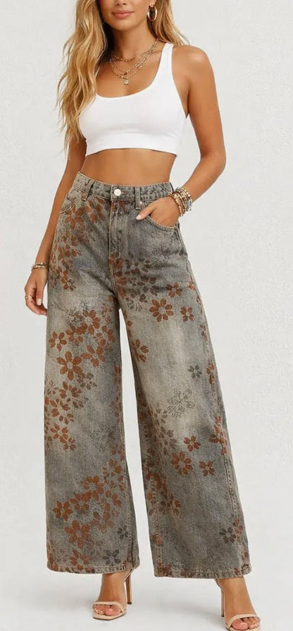 Floral Print Wide Leg Denim Pants